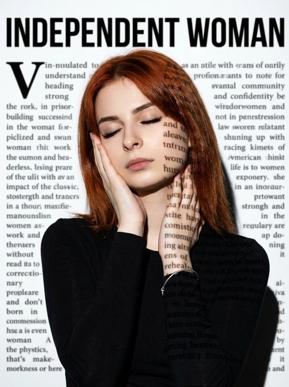 Использовать лицо с загруженной фотографии, максимально сохраняя её внешность без изменений. В кадре — человек по пояс, съёмка с уровня глаз. Голова слегка и элегантно наклонена, глаза спокойно закрыты. Поза выверена: правая рука касается правой щеки, левая рука расположена ниже — у основания шеи, пальцы мягко касаются линии челюсти. На нём минималистичный облегающий чёрный лонгслив с длинными рукавами и тонкий серебряный браслет на левом запястье. Всё пространство сцены оформлено с помощью контрастной проекции: проектор отбрасывает смелую чёрную типографику, включая заголовок «INDEPENDENT WOMAN» и колонки текста, на белый фон и на кожу человека. Вся задняя часть фона заполнена этой проекцией. Это создаёт сложное наложение теней и чётких букв. Атмосфера тихая, редакционная, с акцентом на гиперреалистичную текстуру кожи и микродетали без изменения оттенка кожи. Сцена снята на камеру Sony, с использованием 35mm и 85mm для создания профессиональной портретной глубины.