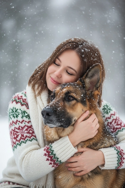 Соответствие лица: сохраняйте точные черты лица, структуру костей, разрез глаз, форму губ, текстуру кожи и оттенок по загруженной фотографии, максимально соответствует индивидуальности] -> Человек с мягкой улыбкой, полузакрытыми от счастья глазами -> нежно обнимает собаку, щека прижата к пушистой шее собаки, обе руки обвиты вокруг груди и шеи собаки, снежинки тают на шерсти и волосах., нежное, любящее выражение лица -> в кремово-белом толстом свитере скандинавской вязки с традиционным красно-зеленым рождественским рисунком на рукавах и воротнике,  в белом вязаном шарфе, свободно повязанном на шее -> на улице в сильный снегопад. В кадре видно морду собаки. Собака породы немецкая овчарка