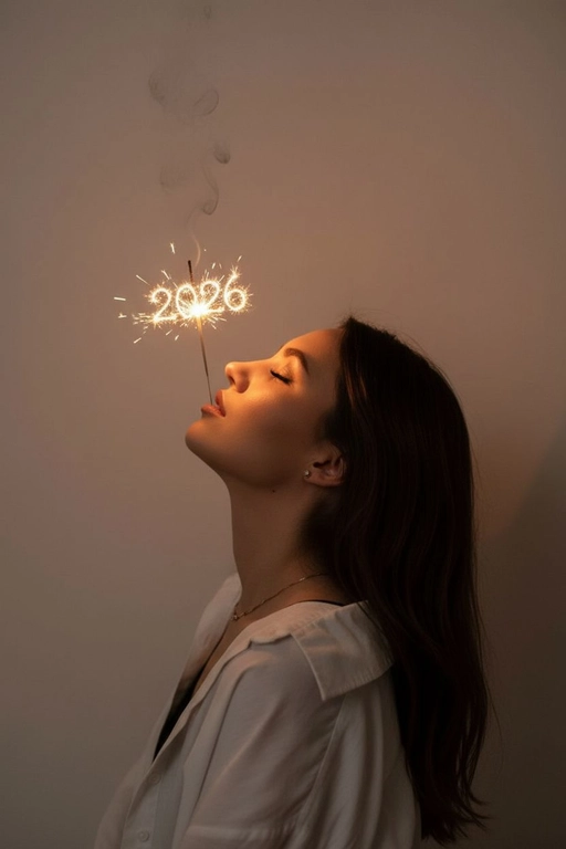 Создай фотореалистичный студийный портрет в профиль крупным планом. Видно только голову и часть шеи. Низкое контрастное освещение: один небольшой тёплый точечный источник света (пламя бенгальской палочки игристый огонь) освещает нижнюю часть лица и шею, создавая яркий фокус и длинную мягкую тень профиля, проецируемого на гладкую стену позади. Девушка стоит в профиль с полностью запрокинутой вверх головой, так что голова в горизонтальном положении с закрытыми глазами держа вертикально во рту бенгальскую палочку с игристыми огнями, сверху над палочкой написано «2026». Виден тонкий завиток дыма, поднимающийся от пламени.  На стене отображается тень девушки с огненной спичкой. Фокус на тактильной текстуре кожи, детализированных серьгах, изящном ожерелье и текстуре ткани светлой одежды. Малая глубина резкости.