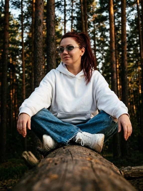 Объектив 35mm, f/1.8, камера расположена очень низко прямо вдоль массивного поваленного дерева, создавая сильную перспективу переднего плана — текстура коры крупно размывается к камере и уводит взгляд к модели. Модель сидит на бревне по-турецки, ноги скрещены перед собой, локти расслабленно опираются на колени, кисти свободно свисают между ног. Корпус слегка подан вперёд, плечи расслаблены, голова повёрнута в сторону, на лице мягкая улыбка без зубов, взгляд направлен вдаль мимо камеры, создавая спокойную уютную атмосферу caught candid moment. На ней белое oversize худи из плотного премиального хлопка с объёмным капюшоном и длинными рукавами, синие свободные джинсы с потёртостями и слегка выцветшей текстурой денима, на ногах белые кроссовки в стиле New Balance с массивной подошвой. На глазах узкие прямоугольные солнцезащитные очки Miu Miu без оправы с серыми зеркальными стёклами. Высокие хвойные деревья вокруг, cinematic forest atmosphere, тёплый вечерний свет проходит сквозь ветви, глубокие тени и мягкие золотисто-коричневые оттенки, moody underexposed fashion photography, intentionally lowered exposure, rich shadows, subtle warm highlights, лёгкая плёночная зернистость, RAW photo, реалистичная текстура кожи, объёмное боке, luxury Pinterest editorial aesthetic.

Какая будет прическа?: Волосы собраны в высокий хвост
