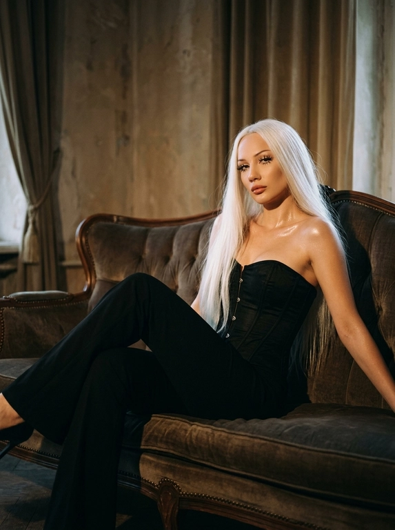 Абсолютное сохранение черт лица модели, внешность 1:1, не искажать и не менять лицо.
Общая стилистика:
Глубокий, атмосферный, интимный fashion editorial портрет с кинематографическим качеством. Изображение должно быть "moody" (настроенческим), с высоким контрастом и ощущением пленочной фотографии.
Поза и Ракурс:
Женщина в расслабленной позе полулёжа откинулась назад на винтажном бархатном диване глубокого цвета. Корпус развернут в 3/4, одна рука служит опорой за спиной, ноги согнуты в коленях и перекрещены. Ракурс камеры чуть ниже уровня глаз, создавая ощущение подглядывания. Кадрирование по бедра (3/4 роста), основной акцент на ключицы, плечи и зону декольте.
Внешность и Одежда (Без указания цвета волос):
Макияж: Акцент на длинные, разделенные черные ресницы. Мягкий скульптурирующий контуринг лица, естественный румянец. Заметный влажный хайлайт на ключицах и плечах.
Освещение и Интерьер:
Свет: Драматичное, теплое боковое освещение (как от окна на закате) служит рисующим светом, создавая глубокие тени и подчеркивая объем. Тонкий, слабый контровой свет (rim light) едва очерчивает силуэт плеч и прически, отделяя модель от фона.
Окружение: Комната в полумраке. На фоне угадываются тяжелые фактурные портьеры, старая штукатурка на стене или деревянные панели. Атмосфера будуара или старой квартиры.
Технические и Художественные Детали:
Эстетика пленочного кадра, снятого на объектив 35mm или 50mm с открытой диафрагмой (f/2.8), обеспечивающей мягкое, художественное боке на заднем плане. Изображение слегка недоэкспонировано (low key) для насыщенности теней. Цветокоррекция в тёплых, приглушённых бежево-коричневых и охристых тонах с пониженной насыщенностью холодных оттенков (зеленого и синего). Высокая детализация текстуры кожи, ткани денима и сатина, подчёркнутая легкой, естественной пленочной зернистостью и мягкой виньеткой по краям кадра.

Какая будет прическа?: Длинные белые волосы сохранить фото 1:1 

Какая будет одежда?: Черный корсет и черные клешеные брюки