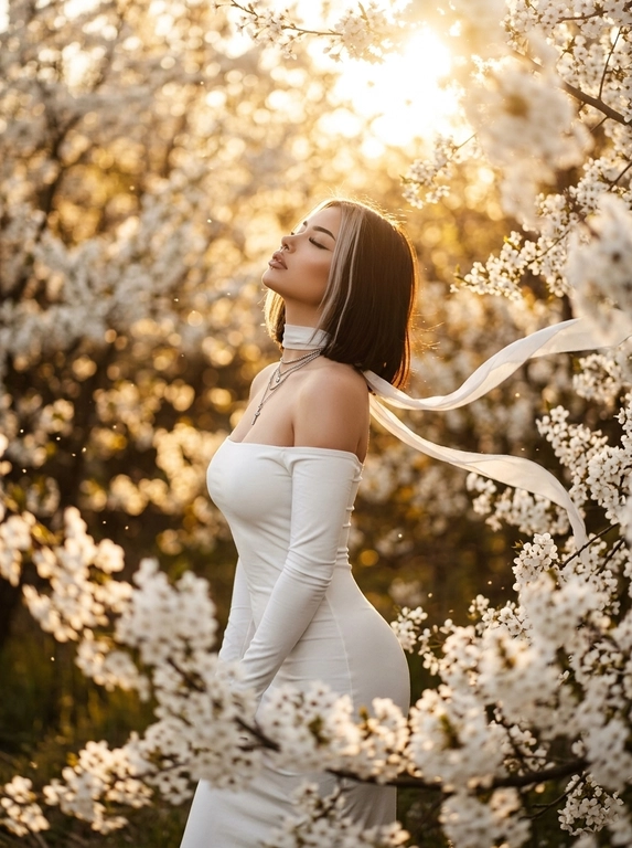 A woman standing among dense white blooming branches.
Side profile, body turned away, head tilted back upward toward the light, eyes closed.
Framing from mid-thigh to head.
Camera slightly below eye level, 85mm look.
Clothing:
Long white fitted dress with long tight sleeves and off-shoulder design (bare shoulders).
Accessory (CRITICAL):
A thin white ribbon scarf around her neck, very light fabric.
The ribbon flows in the wind and extends across the frame.
Flowers (CRITICAL):
Dense white blossoms surrounding the subject exactly like the reference.
Foreground flowers heavily blurred, partially covering bottom and right side.
Background filled with soft white blossoms and warm bokeh.
Lighting:
Golden hour sunlight from top right, strong warm backlight, glowing rim light on hair and shoulders, sun visible through branches.
Shallow depth of field, subject sharp, foreground/background soft.
Warm cinematic tones, soft highlights, photorealistic, high detail.