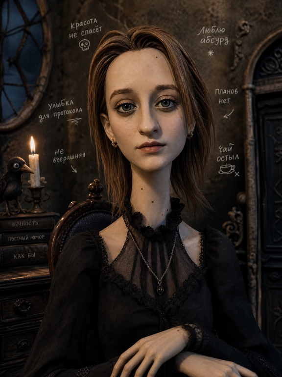 use this fhoto. 

Выберите стиль: turn the person from the uploaded photo into an eerie but beautiful gothic stop-motion fairy-tale fashion character. Use the uploaded photo as the strict reference for pose, composition, body direction, outfit logic, facial mood, hand placement and main furniture. Do not reinvent the pose. Do not change the chair, doorway, sofa or any key object from the reference.  Preserve the original body language and silhouette, but stylize the person into a clean, elegant stop-motion character: elongated thin neck, angular but beautiful face, hollow cheeks, large tired eyes with heavy lids, small serious mouth, slightly asymmetrical sculpted face, graceful strange proportions, expressive hands, refined gothic beauty.  The character should look like a smooth physical stop-motion figure photographed in a miniature set: clean matte sculpted face, polished clay/plasticine-like forms, painted facial details, stylized sculpted hair strands, neat fabric clothing, real shadows, contact shadows, visible depth, practical studio lighting, soft cinematic shadows. No flat illustration, no rough craft texture.  Transform the scene into a dark elegant gothic stop-motion fairy-tale world: crooked old window, antique furniture, candlelight, theatrical shadows, old wood, gothic doorway or miniature room, melancholic dark humor, clean eerie beauty. The frame should feel like a beautifully crafted gothic stop-motion animation still, not a fashion photo.  Keep the outfit stylish, clean and intentional. Preserve the outfit logic from the reference, but make it gothic, theatrical and fashion-aware. If legs are visible, make them long, thin, elegant and slightly unreal, but anatomically clean, dimensional and believable.  Add 5–7 clearly readable handwritten Russian notes around the character, medium-sized, chalk-like, physically written on the wall or nearby surfaces. Short witty phrases, 2–6 words each. Ironic, slightly absurd, character-specific, not generic poetic quotes. Minimal arrows and tiny doodles.  IMPORTANT STYLE: smooth gothic stop-motion animation, clean matte puppet surface, elegant angular face, dark fairy-tale miniature set, refined fashion character, melancholic comedy, strange beauty, theatrical but clean.  NEGATIVE: photorealistic human, live-action fashion editorial, realistic pretty woman, soft romantic portrait, cute doll, porcelain doll, baby doll, anime doll, Disney-like, Pixar-like, glossy AI beauty, digital painting, watercolor, flat sketch, wool doll, felt doll, fuzzy texture, sand-like texture, rough fabric skin, gritty dirty skin, broken puppet, horror doll, skeletal body, exposed joints, twisted limbs, wooden stick legs, plastic commercial 3D, messy dirty clothes, unreadable tiny handwriting, too many arrows, large text blocks.