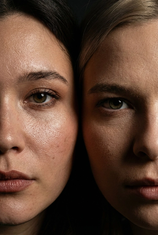   создай портрет, не меняя черты лица. Крупный план (extreme close-up) двух лиц людей, их лица прижатых друг к другу. Видны только половины каждого лица.
Драматичное освещение в стиле чиароскуро, глубокие тени.
Невероятная детализация кожи: видны поры, текстура, естественный блеск у женщины.
Выразительный взгляд прямо в камеру. Высокое разрешение, макросъемка, профессиональное студийное фото, 8K.