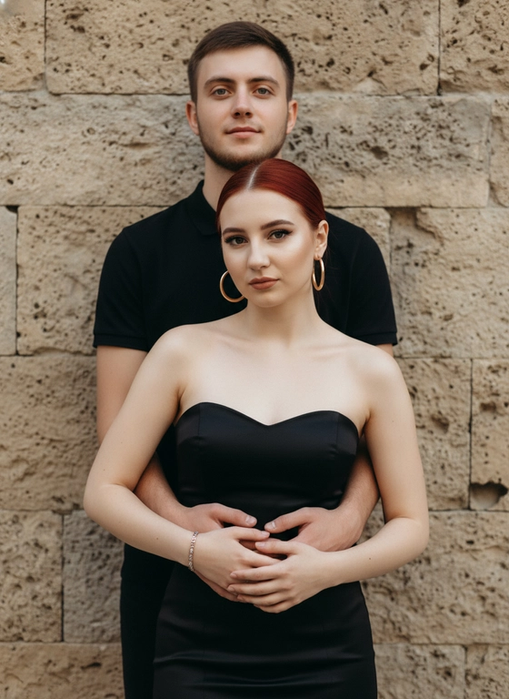 Не меняя внешности людей с фото, перед нами предстает интимный и эмоционально насыщенный кадр, в котором молодой мужчина и женщина стоят на фоне натуральной каменной стены с теплым бежево-серым оттенком и естественной текстурой, создающей сдержанную атмосферу. Мужчина располагается прямо за женщиной, его взгляд направлен прямо в объектив, выражая уверенность и спокойствие. Он одет в черную однотонную футболку с воротником, придающую образу лаконичность и строгость. Его руки нежно, но уверенно обнимают женщину за талию, внося в кадр нотки защиты и близости. Женщина находится в центре композиции, ее тело слегка повернуто вперед, плечи открыты, подчеркивая стройную и грациозную фигуру. Она одета в черное платье без бретелей, чья гладкая матовая ткань мягко облегает силуэт, создавая контраст с фактурной стеной. Ее волосы аккуратно собраны назад, позволяя выделить контуры лица и тонкие черты. На руках у женщины заметен изящный металлический браслет, который блестит приглушенным светом. Крупные золотистые серьги-кольца подчеркивают элегантность и изысканность образа, добавляя теплых акцентов в холодную гамму одежды. Лицо женщины выражает спокойствие и мягкую задумчивость, ее глаза, выразительно подведенные макияжем, смотрят прямо в камеру, создавая ощущение прямого контакта с зрителем. Свет, падающий с фронта, равномерно освещает их лица и тела, заставляя кожу выглядеть бархатистой, а тени остаются мягкими, сдержанными, акцентируя глубину и естественность. Композиция кадра симметрична и тщательно продумана, передавая ощущение единства и гармонии между двумя людьми, их связь ощущается через позу и пространство, которое они занимают. Вся сцена источает интимную близость и спокойствие, при этом сохраняется изысканная сдержанность и лаконичность, подчеркивающая красоту момента и эмоциональную насыщенность пары, фотореалистичное изображение, высокая текстурная детализация, высокое качество, разрешение 8K.