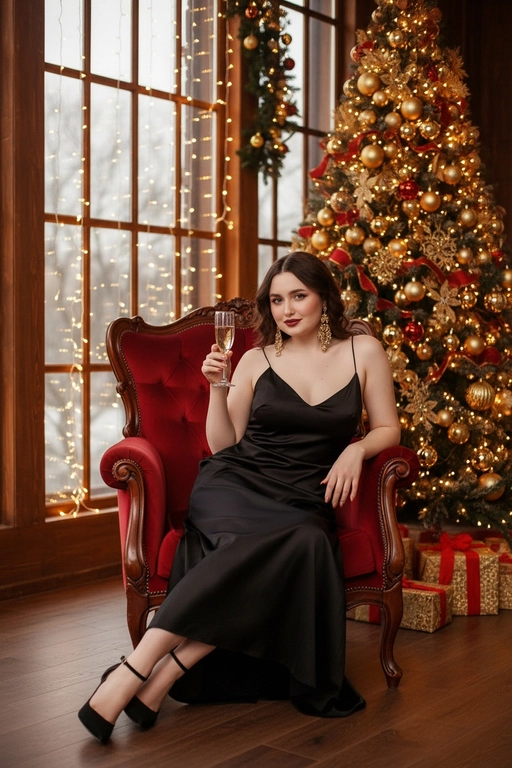 Фотография выполнена в стиле гламурной праздничной съемки. Женщина сидит в красном велюровом кресле на фоне украшенной новогодней елки, рядом с большим окном в пол с деревянными рамами, украшенным гирляндами. Цветовая гамма - насыщенные оттенки красного и золотого, создающие теплую и роскошную атмосферу. Приглушенный свет.
В ушах - крупные золотые серьги. Поза: женщина сидит, слегка повернувшись вполоборота к камере, одна нога вытянута вперед. Она держит бокал шампанского в руке и смотрит в камеру. Поза расслабленная и элегантная. Мягкая улыбка. Одежда: на женщине длинное черное атласное платье на тонких бретельках. На ногах - черные туфли на каблуке с ремешком на щиколотке.