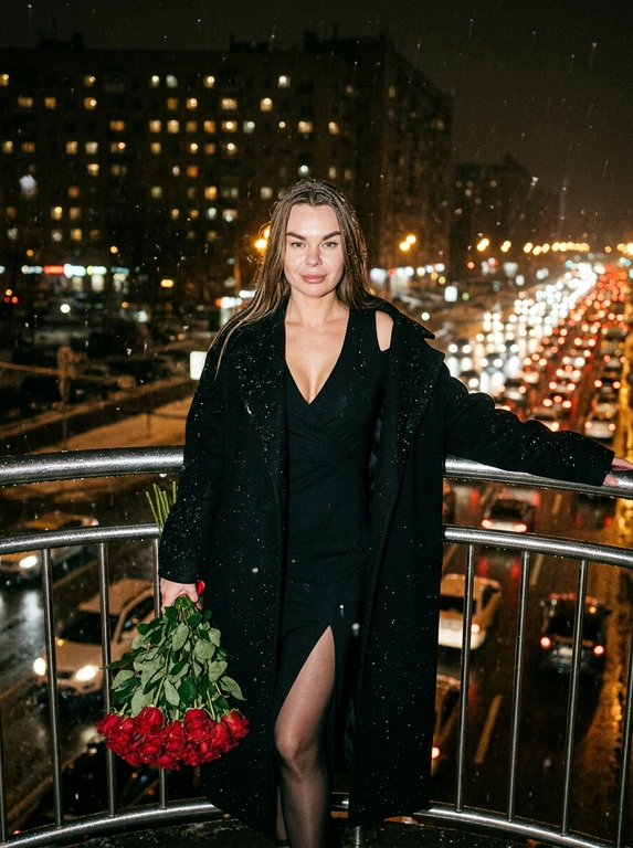 Создай портрет, не меняй черты лица. Кинематографический близкий портрет женщины. Она стоит ночью на мосту на улице, идёт снег с дождём. Женщина одета в чёрное платье с глубоким декольте и открытыми плечами, высокий разрез на ноге, платье до колена, чёрные капроновые колготки и чёрное оверсайз длинное пальто нараспашку. Безупречный макияж, нежная улыбка, взгляд направлен в камеру. Она стоит возле поручня круглого железного моста: одна рука раскинута, в другой она держит букет . Сзади ночной дождливый город с огоньками в окнах домов, внизу под мостом видно множество машин в пробке, много огней от фар. Фото со вспышкой, фото с добавлением зерна.

Какие будет цветы?: В другой руке она держит большой букет длинных красных роз
