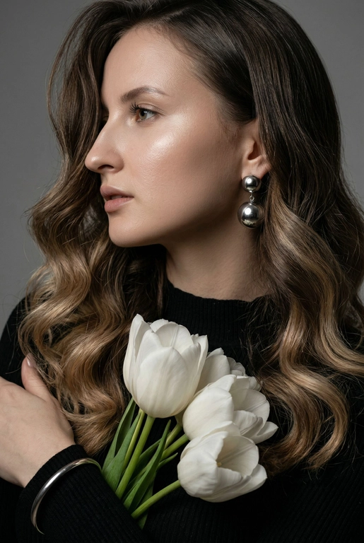 Создайте ультрареалистичный портрет, не меняя черты лица, крупным планом 3/4, с мягкой, освещённой кожей, атласной отделкой и естественным блеском, где женщина изображена в профиле. Спокойное и чувственное выражение лица, губы слегка полуоткрыты. Она носит серебряные серьги-шары и простой серебряный браслет на запястье.
Фон нейтральный, в светло-сером тоне, с тёмным, целенаправленным низким угловым освещением, которое подчёркивает контур лица, текстуру кожи и объём волос. Стиль редактирования — высокая мода, чёткий фокус 8K, реалистичная текстура, изысканная и элегантная атмосфера.


Длинные волнистые волосы покрывают часть лица объёмными локонами, выпадающими на лицо и плечо. 

Цветы: Белые крупные тюльпаны