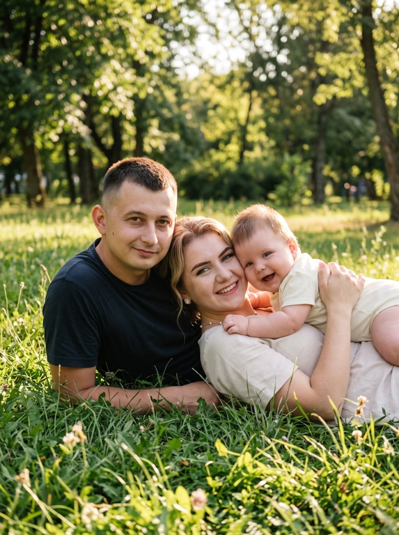 На фотографии изображена семейная сцена на свежем воздухе, вероятно в парке или на лужайке с деревьями на заднем плане. Обстановка спокойная и естественная, свет мягкий и теплый, создающий приятную и уютную атмосферу. Цветовая гамма изображения включает теплые и нейтральные оттенки, преимущественно натуральные тона природы и мягкое освещение. На снимке запечатлена группа людей: мужчина, женщина и ребенок. Они расположены лежа на траве: мужчина лежит на боку, поддерживая руку под голову, в расслабленной позе, улыбается и смотрит прямо в камеру. Женщина лежит рядом с ним, чуть прикрыта его телом, также улыбается и смотрит в объектив. Ребенок расположен сверху, обнимает женщину за шею, приподнимается над ними, её лицо выражает радость, тоже улыбается. Одежда светлая футболка с короткими рукавами. Мужчина одет в темную футболку, а женщина — в светлый топ. Все люди в расслабленных и естественных позах, создающих ощущение теплой семейной атмосферы. Весь образ фото выдержан в стиле фотосессии для семейных снимков: тепло, искренность, гармония и уют.

Доп. характеристики:  Строго сохранить и воспроизвести точные черты лица, форму лиц и уникальную мимику с загруженных референсных фотографий.