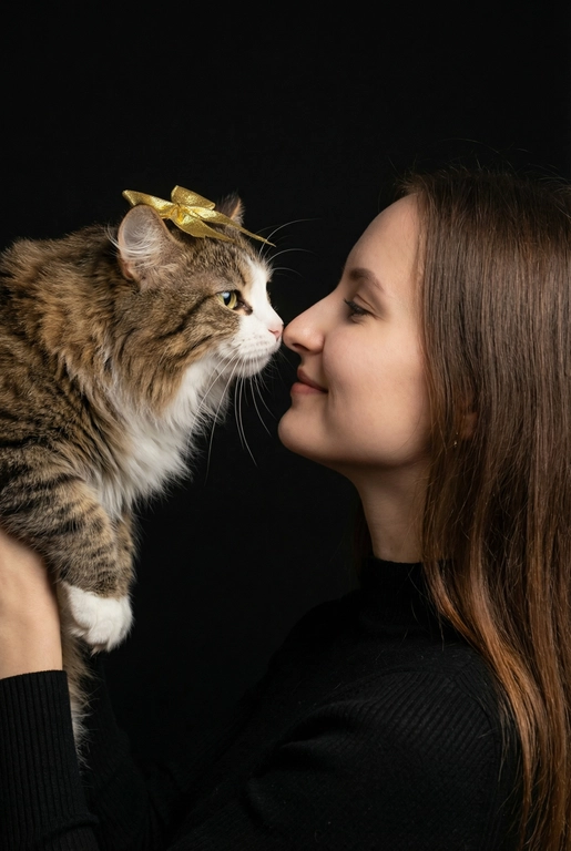 Сделай фото со мной и моим питомцем. Реалистичное фото, с высокой детализацией. Снимок меня и моего питомца в профиль. Фото сделано первым средним планом (Medium CloseUP), в кадре видно часть туловища (с головы до середины груди).
Я стою лицом к своему питомцу в строгий профиль, смотрю прямо на него.
Мой питомец расположен прямо напротив моего лица, также в профиль, смотрит прямо на меня. Наши носы почти соприкасаются. Наши головы могут быть наклонены: например, моя голова наклонена немного вниз, а голова питомца наоборот повыше. Четкая визуальная симметрия между моем лицом и головой моего питомца.
Студийное освещение, мягкий свет, создающий контрастность и скульптурные тени, на самом лице минимум тени. 
 У меня легкая улыбка, питомец смотрит с дружелюбным настроем. Фон черный. 