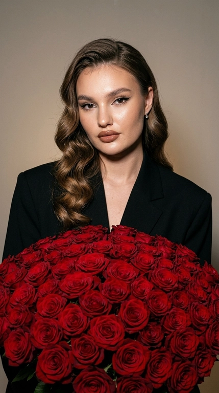 Ультрареалистичный fashion-портрет в эстетике luxury editorial. Крупный план по пояс. Женщина слегка наклоняется над огромным роскошным букетом, который полностью заполняет передний план кадра. Она смотрит прямо в камеру с мягким, уверенным взглядом.
На женщине чёрный оверсайз-пиджак премиального кроя с чёткой линией плеч. 
Макияж luxury soft glam: длинные густые ресницы с лисьим эффектом, чёрные графичные стрелки, ламинированные брови, лёгкий контуринг, персиковые румяна, золотистый хайлайтер, губы с чётким нюдово-коричневым контуром и глянцевым блеском.
Фон минималистичный, нейтральный, тёплых бежево-серых оттенков, без лишних деталей. Освещение — мягкий студийный свет в сочетании с прямой вспышкой камеры, создающий выразительный контраст, естественные блики на коже, лепестках роз и ткани пиджака. Глубокие, но мягкие тени подчёркивают объём и атмосферу дорогой журнальной съёмки.
Максимальная детализация: текстура кожи с видимыми порами, отдельные пряди волос, бархатистые лепестки, фактура ткани пиджака. Живой RAW-эффект, лёгкое плёночное зерно, без ретуши, без пластиковой кожи, без AI-эффекта.
Ultra realistic RAW photo, high fashion editorial, luxury portrait, oversized bouquet of deep red roses, black oversized blazer, direct flash photography, cinematic contrast, authentic skin texture, visible pores, realistic hair strands, premium magazine aesthetic, 8K, sharp focus, no beauty filter, no plastic skin, no AI artifacts.

Какие будут цветы?: Букет из сотен тёмно-красных роз

Какая будет прическа?: Волосы уложены в крупные гладкие голливудские волны с выраженной S-образной текстурой и глянцевым блеском. Основной объём перекинут на одну сторону, несколько мягких прядей лежат на плече и частично касаются букета.