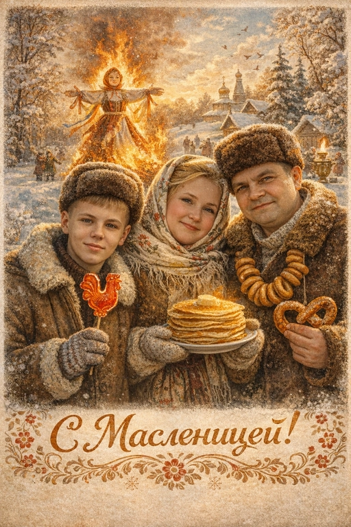  Создай винтажную открытку из предоставленных фотографий. Не меняй внешность, возраст, черты лица и индивидуальные особенности.
Стиль — советские сказочные открытки 1950–1970-х годов: мягкая живописная иллюстрация, тёплая палитра, ощущение уюта, лёгкая художественная детализация, деликатное зерно.
Композиция и формат:
Одежда: в традиционной славянской зимней одежде (шапки, полушубки, платки, варежки).
В руках могут быть традиционные угощения (сахарный петушок на палочке, крендель, стопка блинов на тарелке).
На заднем фоне — большая горящая Масленица (чучело на костре).
Зима, золотой час, мягкий тёплый свет.
Качество 8K.
Надпись: «С Масленицей!»
Шрифт — изящный, рукописный, сказочный, в стиле советских открыток.

