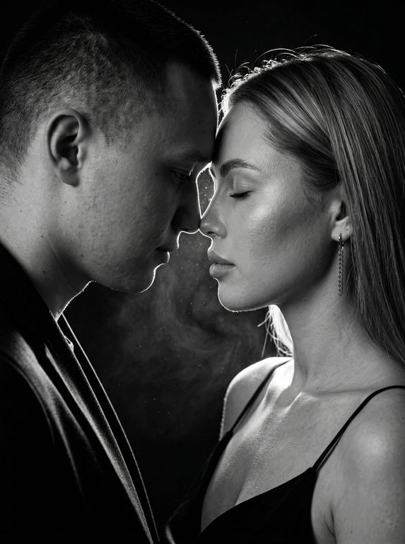 Фотореалистичный чёрно-белый кинематографичный портрет пары в тёмной студии. Сохранить внешность по загруженным фото: черты лица, пропорции, возраст, форму глаз/носа/губ, текстуру кожи и естественную мимику — без идеализации и изменений.
Крупный план по пояс, профиль к профилю. Мужчина слева, женщина справа. Они стоят очень близко, лбы и кончики носов почти соприкасаются, момент «перед поцелуем». Взгляд опущен (не в камеру): он смотрит вниз/на её губы, она закрывает глаза или смотрит вниз, выражение тихое и нежное. Между ними минимальная дистанция, без улыбок, атмосфера интимная и спокойная.
Мужчина в тёмной рубашке/пиджаке. Женщина в чёрном платье/топе на тонких бретелях, открытые плечи, серьга-цепочка, кожа с естественным бликом.
Свет: жёсткий контровой/рисующий свет сзади и чуть сбоку (rim light), сильная световая окантовка по волосам и профилям, передняя часть лица в мягкой полутени. В воздухе видны мелкие пылинки/частицы, подсвеченные контровым светом, лёгкий кинематографичный дым/хейз (очень деликатно). Фон полностью чёрный, без деталей.
Оптика/съёмка: 85mm, f/1.8-2.2, малая ГРИП, резкость на линии нос-лоб, остальное плавно уходит в мягкое боке.
Высокий контраст, глубокие чёрные, яркие хайлайты по волосам, плёночное зерно, лёгкий glow на контуре, без «пластика» и без пересвета на коже.