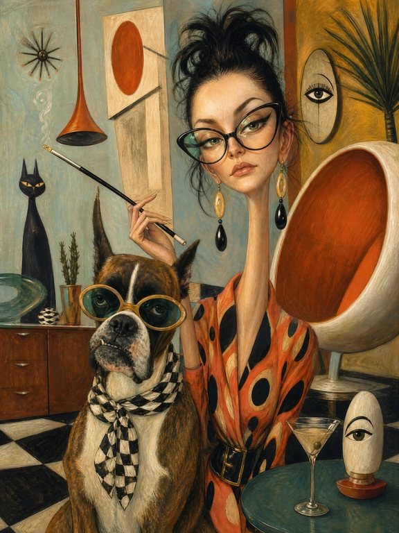 use this fhoto. 

Выберите стиль: Surreal mid-century editorial illustration of an eccentric version of the person in the photo and a animal (an animal that matches my vibe) inside a stylish Location, elongated proportions, exaggerated narrow faces, deadpan expressions, oversized accessories, bizarre fashionable atmosphere, painterly brush textures, distorted anatomy, subtle lowbrow surrealism, sophisticated absurdity, vivid retro color palette, expressive oil-painted strokes, fashionablevintage clothing, dramatic