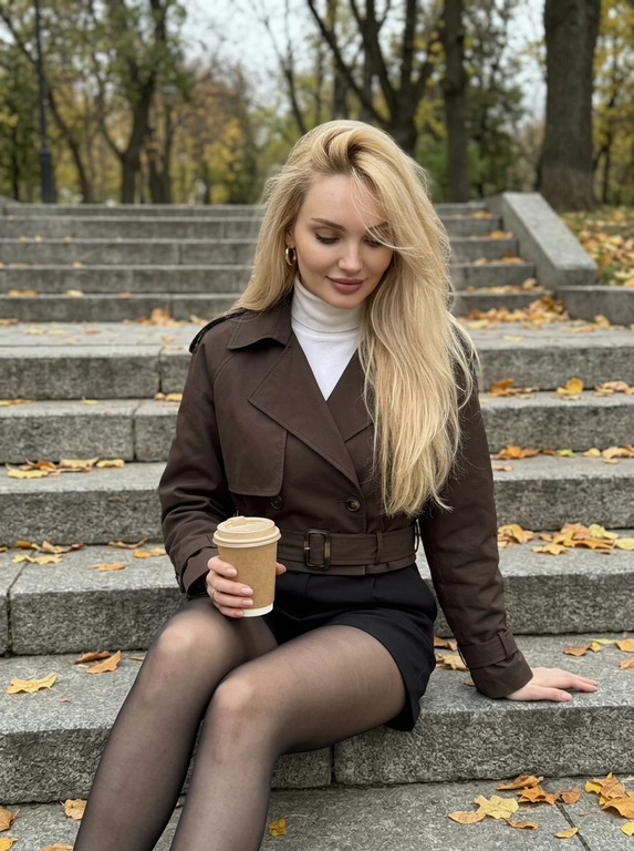 Ультрареалистичный дорогой lifestyle-снимок. В кадре женщина с объёмными распущенными волосами, уложенными с выраженным боковым объёмом. Несколько тонких прядей естественно падают на лицо.

Женщина сидит на широкой серой каменной лестнице в осеннем городском парке. Корпус слегка развёрнут в сторону камеры, ноги согнуты и направлены по диагонали вперёд. Одной рукой она держит закрытый стакан кофе навынос с крышкой, вторая рука свободно опирается ладонью на ступень рядом с телом. Голова слегка опущена и повернута в сторону, взгляд направлен вниз, на лице мягкая естественная полуулыбка.

На ступенях лежат сухие жёлтые и оранжевые опавшие листья. На заднем плане видны серые каменные ступени и осенние деревья с редкой листвой. Фон хорошо читается и не размыт.

Ракурс немного сверху вниз и слегка сбоку, камера расположена достаточно близко. Вертикальный кадр примерно от головы до колен, с лёгкой перспективой смартфона. Женщина занимает основную часть кадра. Естественный пасмурный дневной свет, мягкие тени, спокойная осенняя цветовая гамма из серых, коричневых, чёрных и приглушённо-золотых оттенков.

Мобильная съёмка на iPhone 17 Pro Max. Живое естественное фото без постановочного глянца и сильной ретуши. Натуральная текстура кожи, высокая детализация волос, камня и опавших листьев. RAW, realistic lifestyle photography, subtle smartphone sharpness, без размытия фона, без текста и водяных знаков.

Какая будет одежда?: На женщине укороченный тренч глубокого тёмно-коричневого цвета с широкими лацканами и поясом на талии. Под ним — белая облегающая водолазка с высоким горлом. Низ — короткие чёрные шорты и чёрные полупрозрачные колготки. В ушах небольшие округлые золотые серьги.