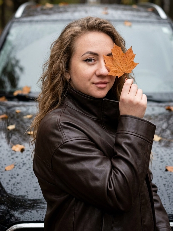 Осенний бьюти-портрет крупным планом. Лёгкий low-angle. Женщина стоит вполоборота вправо к камере. Женщина со стрелками закрывает один глаз кленовым листом у мокрого автомобиля. В одной руке она держит сухой кленовый лист перед одним глазом, глядя в кадр. Лёгкая улыбка на губах. Нюдовый маникюр. Другая рука опущена вниз вдоль тела.
На женщине оверсайз-куртка из тёмно-коричневой кожи с высоким воротом-стойкой.
Фон: глянцевый чёрный автомобиль с каплями дождя и прилипшими листьями. Прохладный рассеянный свет подчёркивает стрелки, прожилки листа, зернистую фактуру кожаной куртки и капли на лаке машины.
Стиль lifestyle-блога. Камера: 85mm, f/2.0, ISO 100, RAW. Звенящая резкость на открытом глазе, стрелке, листе и воротнике куртки, мягкое боке фона. Visible pores, no plastic skin, no AI smoothing.

Причёска: Волосы распущенные, уложены в мягкие естественные волны с лёгким объёмом. Пряди свободно обрамляют лицо и плавно спадают по плечам.