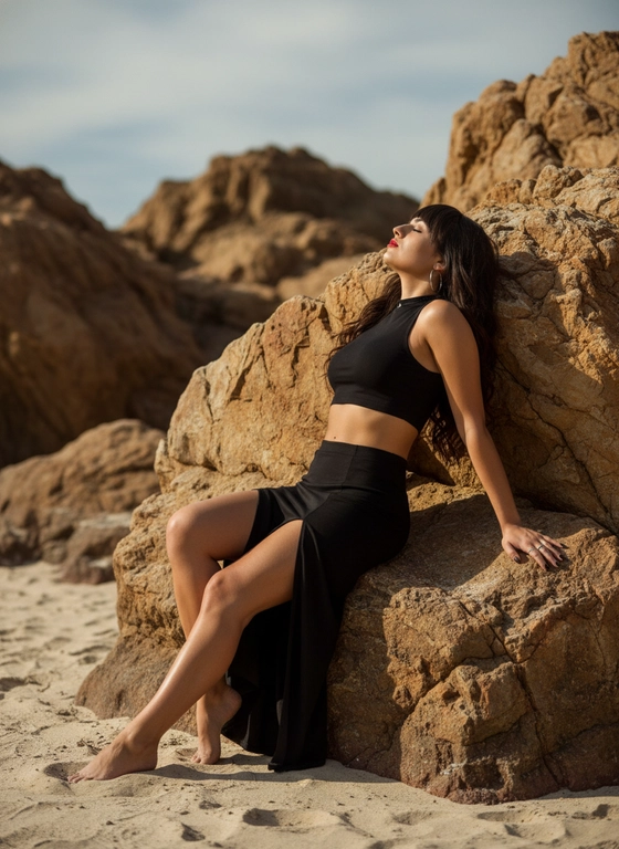 Фотографическое изображение с высоким разрешением, запечатлевающее женский объект, сидящий на большом скальном образовании неправильной формы, расположенном в нижнем правом квадранте кадра. Скала демонстрирует грубую текстуру с земляными тонами, включая жженую сиену, сырую умбер и охру, демонстрируя видимые полосы и щели. Субъект слегка откидывается назад на скалу, левая рука согнута в локте, опираясь на ее бедро, в то время как ее правая рука простирается вниз, рука на поверхности камня. Ее левая нога согнута в колене, нога плоская на скале, а правая нога простирается вниз в мелкий, светло-бежевый песок с гладкой текстурой. Она одета в черный топ и юбку с высоким разрезом,значительную часть ее диафрагмы и левого бедра. Ее теплая бронзовая кожа имеет глянцевую текстуру, освещенную мягким, направленным солнечным светом в левом верхнем углу, отбрасывая блики и глубокие тени. Ее голова наклоняется назад с закрытыми глазами, длинные волосы спускаются по спине, дополненные металлическими серьгами-кольцом. На фоне изображены похожие скальные образования на фоне приглушенного чирокового неба, с перспективой камеры на уровне глаз и умеренно малой глубиной резкости.