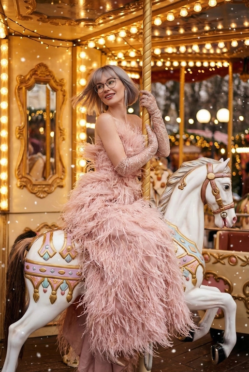   Сказочный праздничный портрет на ретро-карусели, вертикальный кадр до пола. Девушка сидит боком верхом на белой карусельной лошадке с золотыми и пастельно-розовыми декоративными элементами, руками обнимает золотой столб, на ней, уши украшены свисающими серьгами. Волосы распущены и развеваются, лицо слегка повернуто в сторону, выражение расслабленное и радостное. Фон залит тёплым светом гирлянд и лампочек карусели, золотые рамы зеркал и размытые огни парка создают атмосферу роскошной рождественской ярмарки, в воздухе лёгкие снежинки и боке. Гламурный праздничный стиль, насыщенные тёплые тона, мягкое боке, high fashion editorial, 8k, cinematic lighting, shallow depth of field, festive atmosphere. --ar 9:16 --v 6 --style raw --q 2 На ней пышное вечернее платье нежно‑пудрового цвета, полностью покрытое длинными перьями, создающими объём и движение, на руках блестящие длинные перчатки, не менять причёску .