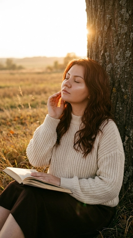 Девушка с книгой у дерева в лучах заката