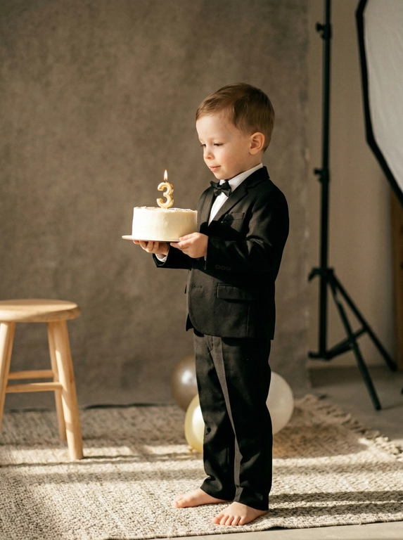 Это студийное фото. Ребёнок стоит боком, почти в профиль, и держит перед собой небольшой круглый торт. На торте горит свеча в форме цифры 3.

Фон серый, освещение сфокусировано на ребёнке и торте, создавая большой круг света вокруг него. Атмосфера торжественная и немного формальная.

На ребёнке надет классический чёрный костюм с бабочкой. Брюки костюма полной длины. На ногах нет обуви. Поза спокойная и сдержанная.