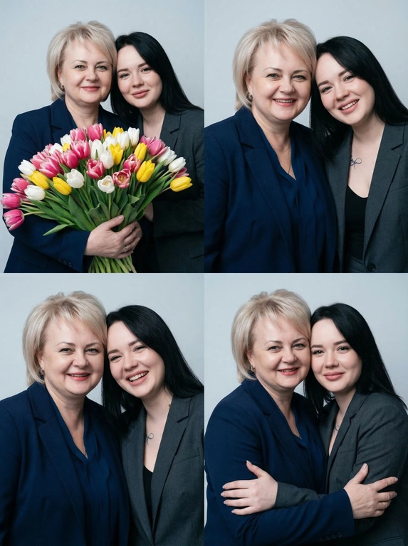 Фотореалистичный кинематографический коллаж в стиле фотобудки 2×2 из четырёх интимных портретов двух человек крупным планом, расположенных в бесшовной сетке 2×2, на каждом кадре показана разная поза и выражение лица.

Персонажи — это реальные люди с загруженной фотографии или фотографий. Использовать ТОЧНОЕ сходство лиц с реальными людьми с загруженного фото или фотографий:
узнаваемые черты лица, форма глаз, носа, губ, без изменения внешности, приоритет портретного сходства, с сохранением узнаваемости лиц, причёсок и пропорций.

Фотосессия к 8 марта. 
Создай трогательные кадры из профессиональной фотосессии в студии, где запечатлены моменты семейной близости двух людей. Сделай так, чтобы все они смотрелись гармонично и трогательно. Они одеты в дорогие костюмы. Освещение холодное. Фон светлый, бесшовный. Фото в стиле Энни Лейбовиц, четкий фокус. Они смотрят в камеру с мягкой улыбкой.

Какие будут цветы?:   У одного из персонажей в руках огромный букет тюльпанов.