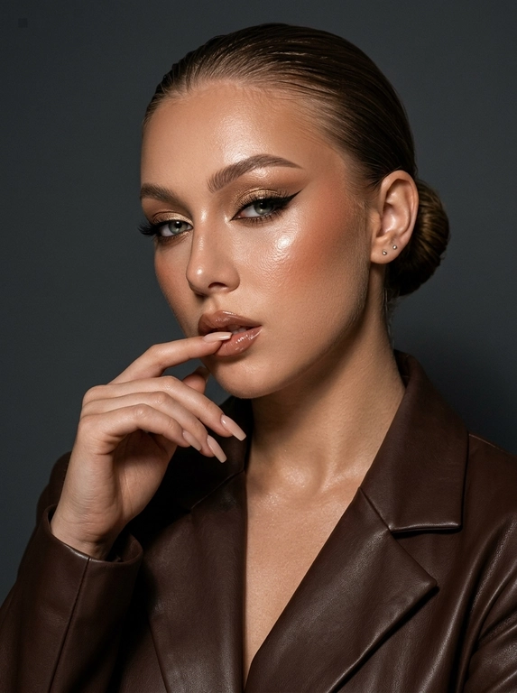 Кожа: ultra-realistic expensive-looking skin с видимыми порами, мягким персиковым пушком, реалистичной текстурой, тонкими тональными переходами, субповерхностным рассеиванием света и естественной асимметрией. Кожа должна выглядеть здоровой и профессионально ухоженной, как после премиальных косметологических процедур. Тёплый загорелый подтон с реалистичной глубиной и интенсивным влажным, сияющим глянцевым финишем (glass skin) с яркими бликами на лбу, скулах, переносице и подбородке. Без чрезмерного сглаживания, пластиковой текстуры, CGI-идеальности и эффектов бьюти-фильтра. Кожа слегка загорелая.

Макияж: драматичный гламурный вечерний макияж. Идеальные контурные брови. Главный акцент — мерцающие золотисто-бронзовые металлические тени на подвижном веке, очень длинная, острая графичная чёрная кошачья стрелка, густые пушистые накладные ресницы. Интенсивный тёплый румянец, высоко поднятый на скулы. Скульптурный контуринг и блестящие, увлажнённые глянцевые нюдово-коричневые губы с эффектом влажного глянца, слегка приоткрытые.

Одежда: элегантная шоколадно-коричневая кожаная куртка с глубоким V-образным вырезом и гладкими, структурированными лацканами. Ткань плотная, матовая, дорогая.

Украшения и аксессуары: минималистичные украшения — едва заметные маленькие серьги-гвоздики. Идеальный длинный нюдовый маникюр на миндалевидных ногтях.

Поза и действие: чувственная, расслабленная поза. Голова слегка наклонена вниз и вбок. Одна рука изящно поднесена к лицу, указательный палец нежно касается нижней губы. Взгляд притягательный, направленный прямо в объектив камеры.

Окружение: минималистичный студийный фон. Абсолютно гладкая, матовая тёмно-серая стена без лишних деталей, создающая глубокий контрастный фон для сияющего образа.

Освещение: драматичное контрастное студийное освещение chiaroscuro. Мягкий, но направленный свет падает сбоку, создавая глубокие тени на лице и подчёркивая глянцевые блики на коже, металлических тенях и фактуре кожаной куртки. Высокий контраст света и тени.

Техника: Sony A7 III, 85mm f/1.8, контрастный студийный свет, чёткие детали, кинематографичный стиль, лёгкое зерно, RAW photo, высокая детализация. Не размывать фон. Чёткая текстура тёмно-серой стены и контуры фигуры должны оставаться резкими, без размытия.

Ракурс: три четверти, с лёгким наклоном головы. Камера расположена чуть ниже уровня глаз, подчёркивая взгляд и линию скул.

План: крупный план — кадр от груди до макушки, с акцентом на лицо, мерцающий макияж, руку у губ и элегантную кожаную куртку.

Причёска: Гладкие блестящие волосы с эффектом мокрого блеска, аккуратно зачёсанные назад и собранные в тугой идеально гладкий низкий пучок. Волосы плотно прилегают к голове, без выбивающихся прядей. Причёска строгая, утончённая и полностью открывает лицо.

Доп. характеристики: Ногти квадратные длинные натурального цвета