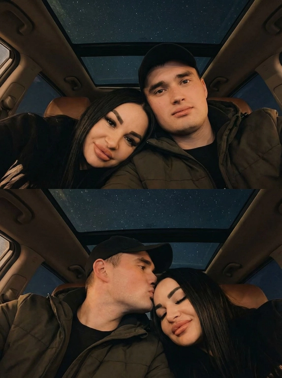   Создай вертикальный коллаж из двух фотографий в одном стиле.
Обе фотографии сняты внутри автомобиля, а через стеклянную крышу видно темное звёздное небо. Фото темное, снято на телефон, Атмосфера тёплая, уютная и романтичная. Фотографии должны быть реалистичными, с мягким освещением, естественными оттенками кожи и одинаковой цветокоррекцией на обеих частях коллажа.
Верхнее фото:
POV селфи: пара лежит рядом, крупный план. Мужчина в тёмной куртке и чёрной бейзболке смотрит в камеру. Женщина лежит, опираясь головой на его плечо, тоже смотрит в камеру. Мягкий свет на лицах, спокойные выражения.Акцент на лица.
Нижнее фото:
Та же композиция и ракурс. POV селфи: Мужчина нежно целует женщину в висок, женщина закрывает глаза с лёгкой улыбкой. Крупный план, фокус на эмоциях. Акцент на лица.
