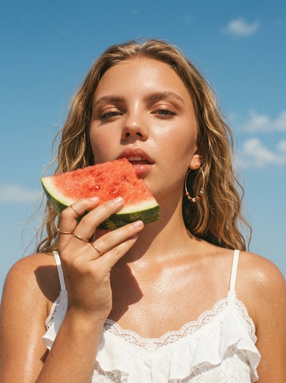 Фотореалистичный летний fashion-портрет, плёночная редакторская эстетика. Крупный план в 3/4, кадр по плечи и верх груди, камера чуть снизу, лицо в верхней части кадра на фоне неба, вертикальная ориентация. Женщина подносит крупный ярко-красный ломоть арбуза, который держит одной рукой у губ; губы слегка приоткрыты, голова чуть приподнята, взгляд в камеру, выражение чувственное, лёгкое летнее настроение. Образ: белый кружевной топ с рюшами на тонких бретелях, золотые серьги с цветными бусинами, тонкие золотые кольца. Кожа загорелая, сияющая, с лёгким влажным блеском на солнце; макияж естественный: ровный светящийся тон, выразительные брови, мягкие тени, глянцевые губы. Фон: ясное ярко-голубое летнее небо с лёгкими белыми облаками. Свет яркий прямой полуденный солнечный, тёплый, создаёт глянцевые блики на коже и сочные тени, ощущение знойного дня. Тёплая плёночная цветокоррекция, слегка винтажная и приглушённая, мелкое плёночное зерно, насыщенные тёплые тона, контраст голубого неба и тёплой кожи, мягкий контраст, глянцевый летний редакторский вайб.

Какая будет прическа?: Волосы уложены в пляжные локоны

Нужны ли на фото очки? :
