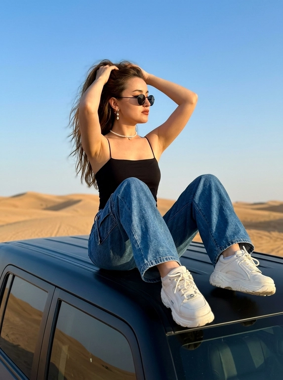 СЪЁМКА: высококонтрастное фото, естественная перспектива смартфона, акцент на лице, чёткий фокус на глазах, живое естественное фото, кадр выглядит как случайно пойманный момент ночной съёмки на телефон. Лёгкая глубина резкости: лицо в резком фокусе, фон мягко размывается. Естественные пропорции тела в движении.

СЦЕНА: модель сидит на крыше чёрного внедорожника, широко расставив ноги и согнув их в коленях. Руки закинуты за голову и погружены в волосы. Причёска выглядит намеренно небрежной и «взъерошенной». Модель обеими руками приподнимает волосы на макушке, открывая лицо и шею, что придаёт образу динамику и ощущение свободы. Отдельные пряди хаотично выбиваются, подчёркивая дикую, непринуждённую эстетику. Голова повернута в профиль.

ВНЕШНОСТЬ: выразительный макияж глаз и губ: длинные ресницы с эффектом лисьего взгляда, чёрные стрелки с хвостиком. Губы с мягким естественным контуром, покрыты матовой помадой, просматривается микрорельеф губ. Лёгкий естественный хайлайтер на скулах и переносице.

Одета в короткий чёрный топ на тонких бретелях. Ткань топа тонкая, облегающая, подчёркивающая фигуру. Объёмные широкие джинсы голубого цвета в стиле «карго» или оверсайз-джоггеры. Массивные белые кроссовки.

Круглые чёрные солнцезащитные очки в тонкой оправе, придающие лицу футуристичный и дерзкий вид. Короткое ожерелье из мелкого жемчуга или светлых бусин (чокер). Небольшие серьги-подвески.

Действие происходит на открытой местности. На заднем плане видны пологие пустынные холмы или песчаные дюны золотисто-коричневого оттенка. Большую часть кадра занимает абсолютно чистое, безоблачное небо насыщенного нежно-голубого цвета. В нижней части кадра видна матовая чёрная поверхность крыши автомобиля.

Снимок сделан с нижнего ракурса (камера направлена снизу вверх). Это визуально удлиняет фигуру, делает позу более величественной и доминирующей, а также позволяет полностью очистить задний план от лишних деталей, оставив только модель, холмы и небо.

Мягкое естественное освещение, характерное для «золотого часа» перед закатом. Свет падает сбоку, мягко очерчивая контуры тела, подчёркивая рельеф пресса и создавая тёплые блики на коже. При этом небо остаётся ярким, а машина уходит в глубокую, плотную тень.

Атмосфера снимка пропитана духом приключений, свободы и современной «инста-эстетики». Это сочетание высокой моды (аксессуары, обувь) и дикой природы. Кадр выглядит как профессиональная съёмка для лукбука молодёжного бренда одежды. Общее настроение — уверенность и беззаботность.

Высокое качество, высокая текстурная детализация, разрешение 8К.