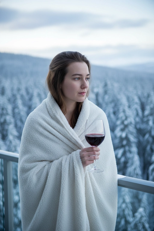 Профессиональная фотография потрясающей женщины в стиле fashion lifestyle со сверхвысоким разрешением, возьмите за основу прилагаемую фотографию и максимально сохраните все черты лица, сохранив точные черты лица, цвет глаз, волос и тон кожи, завернутые в толстое белое пушистое одеяло, с бокалом красного вина в руках. вино, задумчиво смотрящий в сторону с поджатыми губами, на современном стеклянном балконе с видом на густой заснеженный еловый лес зимой, мягкий естественный рассеянный дневной свет с прохладными тенями, портрет крупным планом, снятый от груди и выше под небольшим углом, безмятежная уютная романтическая атмосфера, холодные бело-голубые снежные тона с теплыми акцент на красном вине, небольшая глубина резкости, четкий фокус на лице и бокале, фон в стиле боке, редакционный снимок красоты, 8K, сверхдетализированная, профессиональная фотография.