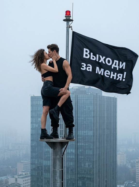 Реалистичное документальное фото. Два человека в чёрной одежде - мужчина и женщина - стоят на маленькой круглой площадке на вершине высокой металлической мачты/антенны с красным сигнальным огнём.
Мужчина слева: чёрная майка-борцовка, свободные чёрные брюки, чёрные берцы. Женщина справа: чёрный бандо-топ, чёрные джинсовые шорты с высокой посадкой и необработанным краем, чёрные берцы. Пара целуется.
Девушка двумя руками держит лицо мужчины, одно колено приподнято. Мужчина одной рукой придерживает её за спину, другой — за ногу. Сильный ветер раздувает одежду и её кудрявые волосы, поза динамичная, девушка слегка отклонена назад.
Справа в кадре на фоне неба крупно развивается большой чёрный флаг. Ткань натянута ветром, волнообразно развевается. На флаге крупная белая надпись, строго без искажений:
Фон: многоэтажный офисный небоскрёб со стеклянными окнами, серо-голубая дымка, городской смог/туман, дневной рассеянный свет, низкий контраст. Мачта по центру кадра, люди в верхней трети, флаг занимает правую половину кадра.

Надпись на флаге: Выходи за меня!