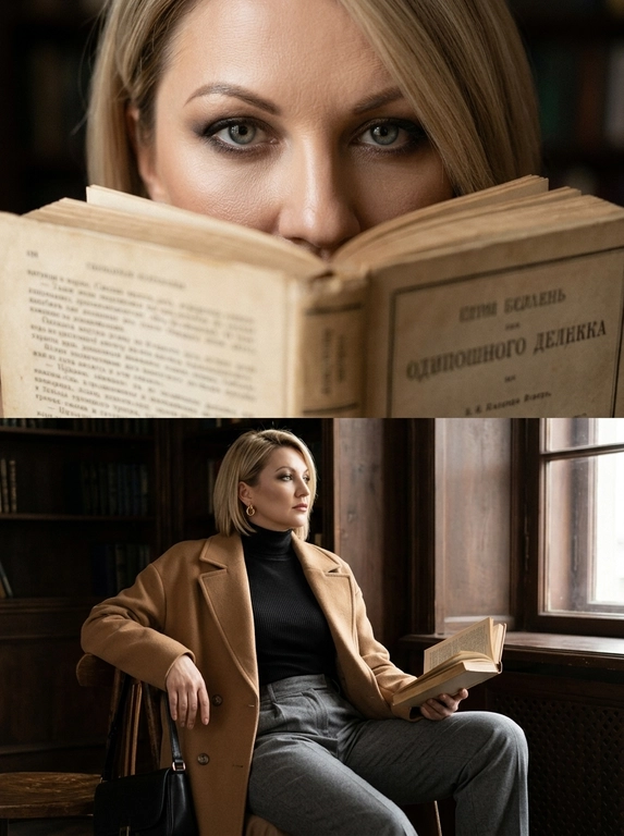 Кинематографичная, ультрареалистичная фотосессия с девушкой в стильном, модном образе. Атмосферный интерьер с эстетикой fashion editorial: винтажная библиотека с чистым светом и выразительными тенями.

Сцена состоит из двух кадров( вертикальный коллаж): 
Кадр 1 - верхний (крупный план):
В кадре видно только глаза и часть книги- верхняя часть лица занимает большую часть кадра. Девушка держит книгу перед лицом, прикрывая нижнюю часть лица так, что видны только глаза. Акцент на взгляде — уверенном, выразительном, слегка загадочном. Свет мягкий, направленный, подчёркивает глаза и текстуру кожи. Книга частично в фокусе. Неглубокая глубина резкости, лёгкий film grain, глянцевая журнальная эстетика.

Кадр 2 - нижний (средний план):
Девушка сидит на краю деревянного стула, держит открытую книгу, отвлекается от чтения и смотрит в сторону. Поза расслабленная, но с ощущением постановки, как в модной съёмке.

Одежда: современный fashion-образ с акцентом на силуэт и фактуры — структурированное пальто oversize, тонкий трикотаж, прямые брюки с высокой посадкой. Возможны акценты: кожаные элементы, чёткие линии, лаконичные аксессуары (серьги, очки, сумка). 

Цвета сдержанные: чёрный, бежевый, серый, молочный, возможен один контрастный элемент. Образ выглядит как съёмка для журнала или lookbook.

Свет более направленный и контрастный, с мягкими тенями и акцентом на форму и объём. Чистая композиция, ощущение дорогой fashion-съёмки.

Общий стиль:
cinematic, fashion editorial, soft but directional light, high detail, shallow depth of field, 35mm / 50mm lens, luxury minimalism, magazine photography aesthetic
Не меняй мою внешность.