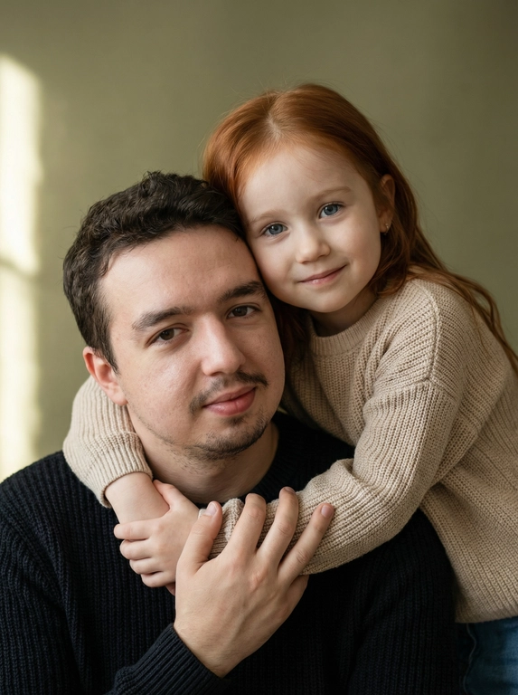 Создай портретный студийный кадр из фотосессии отца и его дочери для этих людей из присланных фото. Дочь нежно обнимает папу сзади, руки мягко сомкнуты на его груди, щекой слегка касается его головы. Оба смотрят прямо в камеру. Спокойные, тёплые, естественные эмоции, лёгкая улыбка.

Приглушенно-зеленый, почти хаки, минималистичный фон. Мягкий естественный рассеянный свет из окна, деликатные тени, акцент на лицах. Натуральная цветокоррекция, светлая чистая палитра, реалистичная текстура кожи без излишней ретуши.

Одежда — базовая и нейтральная: у отца тёмный трикотажный свитер, у дочери светлый вязаный свитер. Без принтов и логотипов.

Кадр — крупный или средний план, плотная композиция, ощущение близости и доверия. Профессиональная съёмка, 85mm lens, shallow depth of field, soft natural light, ultra realistic, high detail, family portrait photography.

