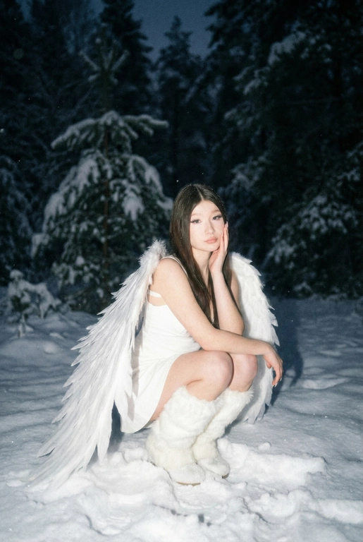  Создай фото человека на основе загруженной фотографии.
Белое платье без рукавов, пушистые белые сапоги, большие белые крылья, опущенные вниз, шире плеч.
Сидит на корточках на снегу, рукой касается щеки. На заднем плане заснеженный лес.
Ночная улица, тёмный размытый фон, вспышка.
Мягкое нечеткое фото: шум, зерно, лёгкое размытие, холодная атмосфера.