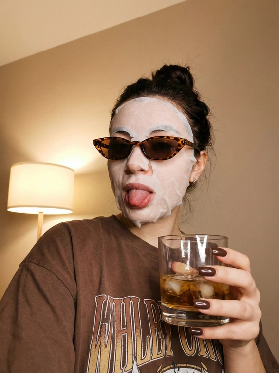   
Создай портрет, не меняя черты лица. Селфи девушки в стиле «low angle» (ракурс снизу вверх). На лице белая тканевая маска для ухода за кожей, поверх которой надеты стильные солнцезащитные узкие очки в роговой оправе (черепаховый принт). Девушка игриво показывает язык. В одной руке она держит прозрачный стакан с кубиками льда и виски. Волосы собраны в небрежный пучок. Ногти квадратной формы, темно коричневые. На ней свободная коричневая футболка с принтом. Освещение теплое, домашнее, на заднем фоне бежевая стена и современный светильник. Атмосфера расслабленного «сhill» вечера и ухода за собой. высокое разрешение, зернистость как на пленку, Высокое качество. 