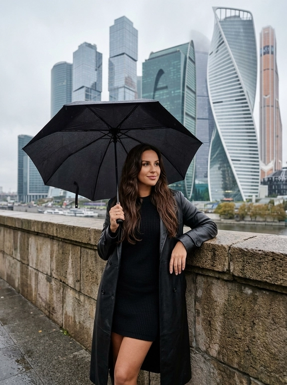 Девушка с чёрным зонтом на фоне башен Москва-Сити
