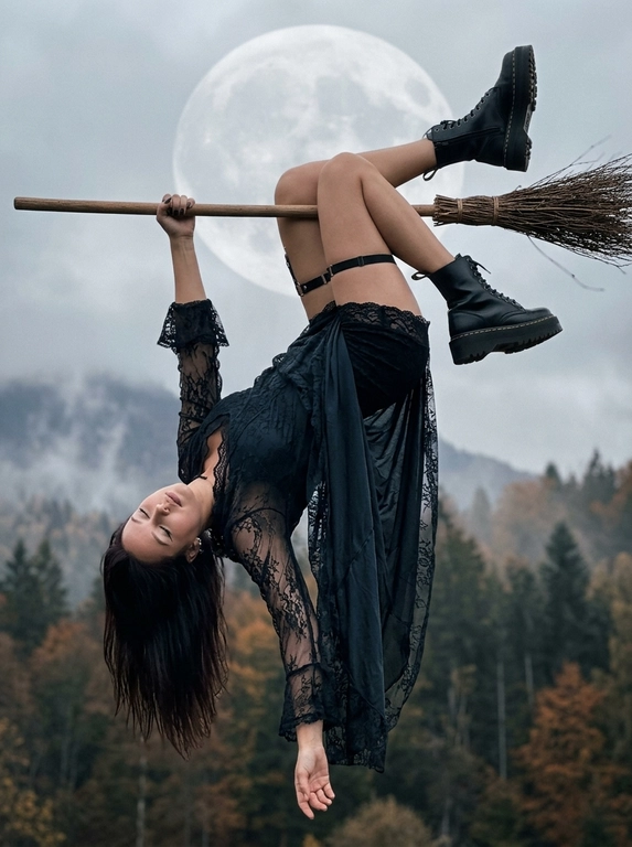 Сгенерируй ультрареалистичную вертикальную фотографию в готической Halloween-эстетике с лёгким Y2K-настроением.
Техника съёмки: имитация фотографии на основную камеру iPhone 15 Pro Max, естественная перспектива, лёгкая плёночная зернистость, небольшая атмосферная дымка, минимальный цифровой шум. Y2K-эстетика передаётся только через цвет, зернистость и настроение кадра.
ВАЖНО: никаких надписей, букв, цифр, дат, временных меток, подписей, логотипов, рамок, интерфейса камеры или водяных знаков.
Модель: готическая ведьма с сохранением индивидуальных черт лица. Макияж: чёрные стрелки, выразительные ресницы, естественные брови, мягкие нюдовые губы.
ПОЗА:
В кадре только одна модель и одна горизонтальная метла.
Деревянное древко метлы проходит строго горизонтально слева направо через верхнюю часть кадра. Длинная деревянная ручка продолжается в левую сторону кадра. Соломенная часть метлы находится ТОЛЬКО справа.
Модель висит вниз головой ПОД метлой в расслабленной асимметричной позе.
Таз находится непосредственно под древком, очень близко к нему.
Обе ноги согнуты в коленях и надёжно зацеплены за одну и ту же метлу. Обе голени и ботинки располагаются ВЫШЕ древка и направлены преимущественно в ПРАВУЮ часть кадра.
Ноги несимметричны: одно колено находится чуть выше другого, один ботинок расположен выше и дальше вправо, второй немного ниже и ближе к центру. Ноги не стоят рядом вертикально и не образуют симметричную форму.
Рука, находящаяся СЛЕВА В КАДРЕ, поднята вверх и крепко держит деревянное древко метлы слева от тела. Это единственная рука, которая касается метлы.
Вторая рука находится СПРАВА ОТ ТЕЛА и свободно свисает вниз, полностью расслабленная.
Корпус свисает вниз по диагонали: бёдра находятся выше и немного правее, плечи ниже и немного левее. Голова находится ниже корпуса и смещена в ЛЕВУЮ нижнюю часть кадра.
Тело НЕ висит строго вертикально. Модель не зеркалить и не разворачивать в противоположную сторону.
Вес тела визуально удерживается согнутыми ногами, зацепленными за древко, и одной рукой. Между ногами и метлой нет заметного зазора. Модель не парит отдельно от метлы.
Голова слегка запрокинута назад, лицо повернуто немного в сторону, глаза закрыты, выражение спокойное и безмятежное.
Одежда: тёмный струящийся кружевной готический наряд с полупрозрачными кружевными рукавами, массивные чёрные ботинки DR. MARTENS и чёрная подвязка на бедре.  Под нарядом черные бельевые шортики с кружевной отделкой. Ткань естественно свисает вниз под действием гравитации.
Фон: далёкий туманный осенний лес, горы и облачное небо. Крупная полная луна находится позади верхней части фигуры и метлы, создавая выразительный фон.
Освещение мягкое, атмосферное, подчёркивает кружево, кожу, обувь и деревянную поверхность метлы. Приглушённая холодная осенняя цветокоррекция с лёгкой винтажностью.
Композиция: модель занимает большую часть вертикального кадра. Метла проходит через верхнюю треть изображения. Голова находится в нижней левой части, согнутые ноги и ботинки в верхней правой части. Композиция асимметричная и динамичная.
Только одна модель, одна голова, две руки, две ноги, две стопы, два ботинка и одна метла. Без дополнительных конечностей, дублированных кистей, лишних ботинок, второй метлы, дополнительных древков или деформации суставов.
Без текста, букв, цифр, дат, подписей, логотипов и водяных знаков.