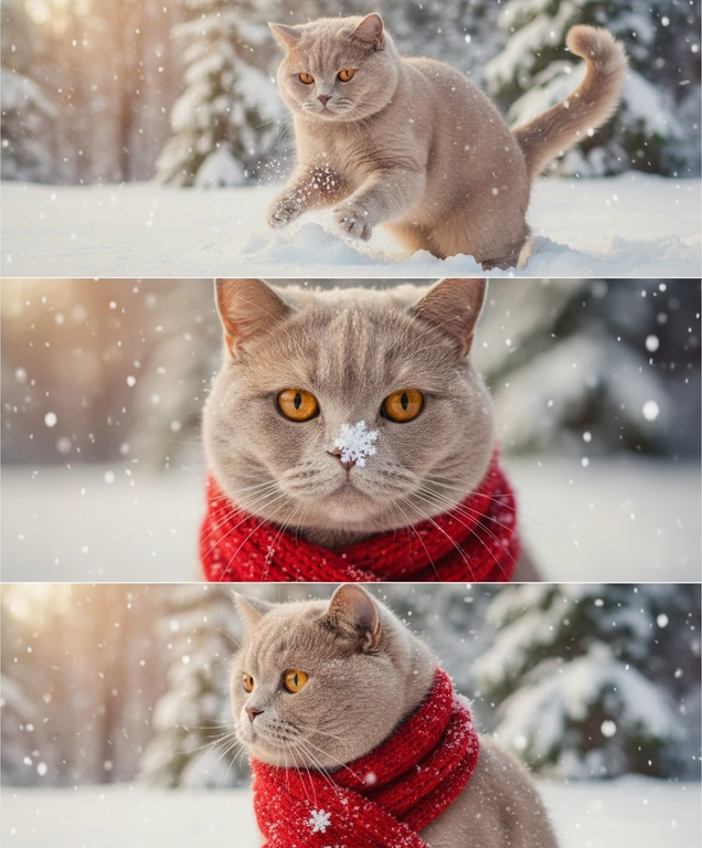     Коллаж из 3-Х фото моего питомца на зимнем фоне в снегу. Питомец в вязаном шарфе, вокруг падает снег, на заднем плане заснеженный лес.

Первый кадр — питомец в полный рост. Он играется со снегом 

Второй кадр — крупный план, увеличенный кадр мордочки питомца с одной снежинкой на носике. Мордочка питомца занимает весь кадр, взгляд прямо в камеру 
 
Третий кадр - портрет питомца, он смотрит в левую сторону. На фото виден шарф, на шарфу есть снежинки 

Три кадра объединены в вертикальный коллаж в едином тоне и свете. Атмосфера — реалистичная, теплая и немного кинематографичная.
Свет мягкий, утренний.  Цвет шарфа - красный 