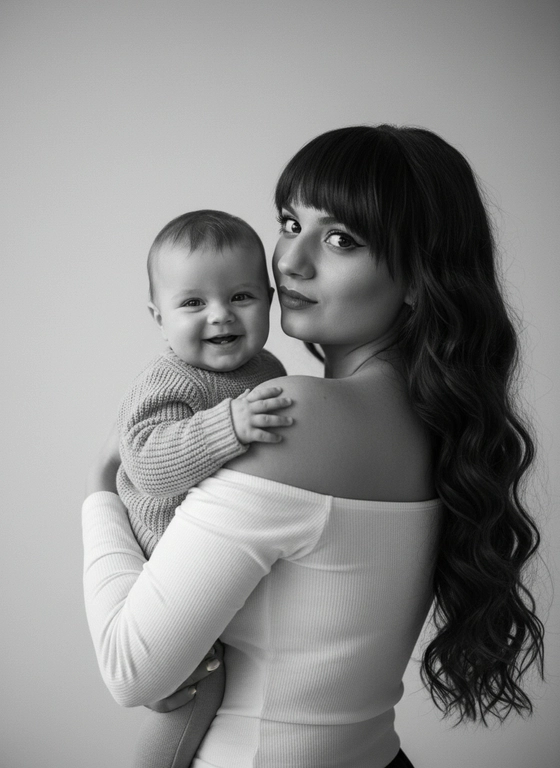 Создай портрет, не меняя черты лица. Эстетичный черно-белый портрет молодой матери, нежно держащей на руках младенца. Мать повернута спиной к камере, глядя через плечо в камеру. На ней молочный лонгслив с открытыми плечами. У нее длинные  волосы до пояса, объемные локоны. Младенец одет в вязаный фактурный свитер, на лице улыбка. Мягкое естественное освещение, создающее глубокие тени и подчеркивающее текстуру ткани и кожи. Стиль высокой художественной фотографии, минималистичный фон, атмосфера спокойствия и любви, высокое разрешение, пленочное зерно.
Мягкий фокус, студийный свет, элегантная композиция, стиль минимализм.