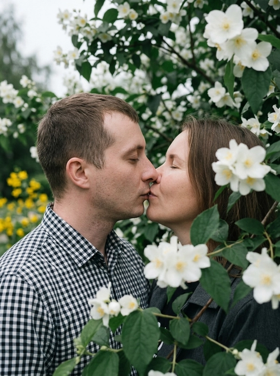 A man and a woman stand face to face, kissing—their lips touching, faces in profile, eyes closed. The shot is close-up, from shoulders to head, angled at eye level, with their faces centered in the frame and surrounded by flowering branches. The foreground and edges of the frame are filled with out-of-focus branches and flowers. Do not alter the faces from the uploaded photos.
The skin appears perfectly smooth and matte.
The man is wearing a cotton shirt with a small gingham check in black and white tones. The woman is wearing a dark gray jacket.
The location is a flowering tree with dense branches: large white flowers with five petals and yellow stamens —presumably jasmine or bird cherry—and dense dark green foliage. The branches frame the figures on all sides, creating a living, arched tunnel. In the left middle ground, yellow flowers are out of focus.
The lighting is natural, overcast, diffused, with no clear direction of the light source—an even, soft light. Shadows are virtually absent. Contrast is low. The overall tone of the frame is muted and cool, with green and white dominant tones. The highlights on the skin are subdued and matte. The film grain is pronounced.
Shot with an 85mm lens, minimal depth of field with sharp focus exclusively on the lips and the area where the faces meet—the foreground with the man's shoulder and the nearby branches are completely out of focus, the background with foliage is blurred into bokeh. Pronounced film grain. A reportage paired shot in the style of a Candid Film portrait, highly detailed and photorealistic.
Soft romantic spring botanical mood,
dominant tones: white blossom, deep green, dark charcoal,
low saturation with cool green emphasis,
flat diffused overcast natural lighting,
minimal shadow definition,
heavy analog film grain throughout,
lifted blacks with a soft hazy quality,
shallow depth of field with strong foreground blur,
Candid Film Spring color grading.