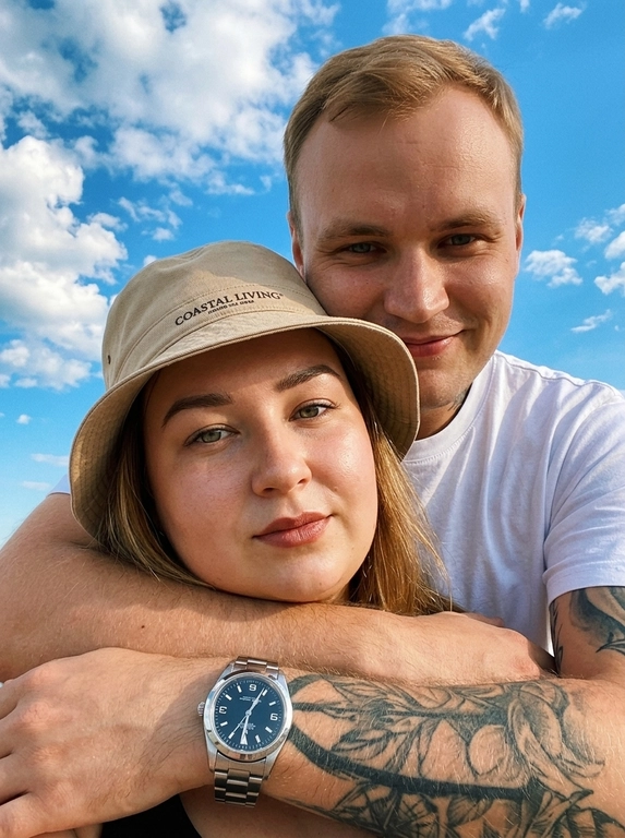 Кинематографичный кадр крупным планом (selfie style), пара в объятиях (классическое "обнимашки сзади") на фоне ярко-голубого неба с облаками.  Женщина на ней бежевая панама с брендовой надписью. Её кожа выглядит сияющей, подсвеченной мягким естественным солнечным светом. Выражение лица спокойное, глубокий взгляд, направленный прямо в камеру. Мужчина стоит строго позади девушки и обнимает её сзади, одна его рука обнимает её за плечи/шею спереди — предплечье лежит поперёк её ключиц, кисть свободно свисает с её плеча, на запястье классические серебряные часы с черным циферблатом. Мужчина в белой футболке, выражение лица доброжелательное, его взгляд прямо в объектив. Ракурс сверху, камера сфокусирована на лице девушки. Высокий контраст, насыщенные цвета, мягкая прорисовка деталей кожи. Эффект пленочной фотографии, легкое зерно, атмосфера летнего дня, эстетика социальных сетей. Телефона не видно в кадре.