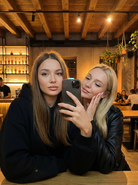 Две подруги делают селфи в современном баре