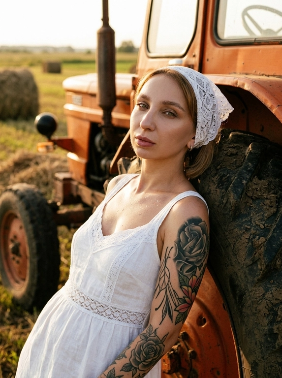 Кинематографичный фотореалистичный editorial-кадр с лёгким плёночным зерном. Женщина стоит рядом с оранжевым трактором, небрежно облокотившись на его большое колесо. Поза расслабленная, но уверенная, с выразительной fashion-подачей. Взгляд направлен прямо в камеру, создавая ощущение силы, спокойствия и лёгкой интроспекции. Макияж безупречный: акцент на глаза, губы оттенка пыльной розы, деликатное сияние на коже, лёгкий шиммер в зоне декольте. Фон — трактор, поле и сено, создающие атмосферу деревенского шика и модной съёмки с rural editorial-настроением. Свет золотого часа мягко ложится на лицо и тело, создавая красивые тени, тёплые контрасты, глубину и объём. Атмосфера кадра стильная, тёплая, немного драматичная и очень эстетичная. Фотореализм, высокая детализация, натуральная текстура кожи, cinematic color grading, editorial fashion photography, golden hour, RAW style.

Какая будет одежда?: На голове белая ажурная косынка. На ней белый льняной сарафан с кружевными деталями, лёгкий и женственный, подчёркивающий естественную элегантность образа.