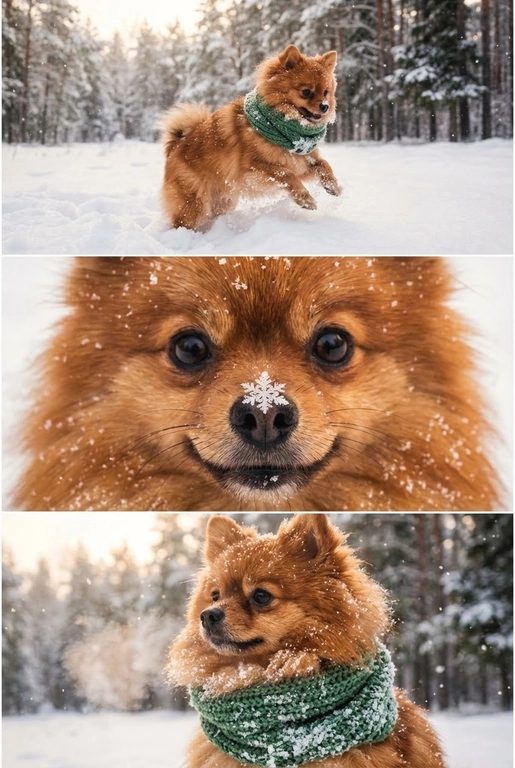     Коллаж из 3-Х фото моего питомца на зимнем фоне в снегу. Питомец в вязаном шарфе, вокруг падает снег, на заднем плане заснеженный лес.

Первый кадр — питомец в полный рост. Он играется со снегом 

Второй кадр — крупный план, увеличенный кадр мордочки питомца с одной снежинкой на носике. Мордочка питомца занимает весь кадр, взгляд прямо в камеру 
 
Третий кадр - портрет питомца, он смотрит в левую сторону. На фото виден шарф, на шарфу есть снежинки 

Три кадра объединены в вертикальный коллаж в едином тоне и свете. Атмосфера — реалистичная, теплая и немного кинематографичная.
Свет мягкий, утренний. Цвет шарфа - зеленый