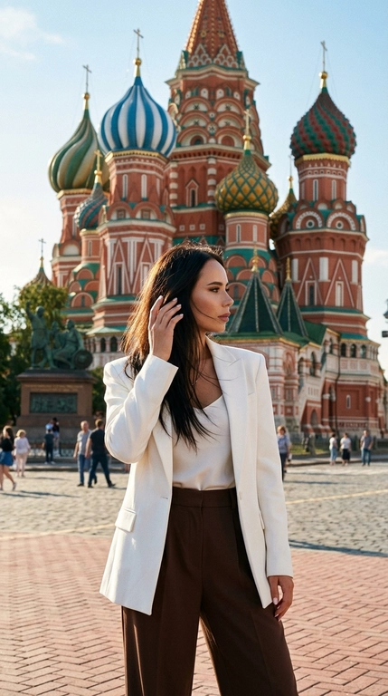 Фотореалистичная атмосферная фотография женщины на фоне Собора Василия Блаженного в Москве. Женщина стоит спиной и боком к камере, корпус развёрнут от объектива, голова повернута в профиль вправо, взгляд направлен вдаль. Одна рука поднята к волосам, пальцы легко касаются прядей у лица.

Волосы слегка развеваются на ветру и подсвечены солнцем.

Макияж soft glam: естественная текстура кожи, мягкий румянец, аккуратные брови, тонкая коричневая стрелка, выразительные ресницы и натуральные пудрово-розовые губы.

На женщине структурированный белый жакет свободного кроя с чёткой линией плеч, надетый поверх лаконичного топа. Низ — широкие брюки глубокого шоколадного оттенка с высокой посадкой и мягкими складками. Образ современный, чистый и более fashion.

Собор Василия Блаженного занимает большую часть заднего плана, хорошо читаются красно-белые фасады и разноцветные купола. Женщина расположена в нижней центральной части кадра, архитектура эффектно возвышается над ней.

Камера находится немного ниже уровня плеч и снимает слегка снизу вверх, подчёркивая масштаб собора. Средний план, женщина показана примерно от бёдер.

Яркий солнечный дневной свет. Солнце находится сбоку и немного сзади, создавая золотистый контровой свет по волосам и плечам, естественные блики и мягкие тени на лице.

Чистое голубое небо, лёгкая летняя дымка, натуральная городская атмосфера, высокая детализация архитектуры, реалистичная текстура кожи и волос, лёгкая плёночная обработка, живой travel-fashion кадр без AI-эффекта.