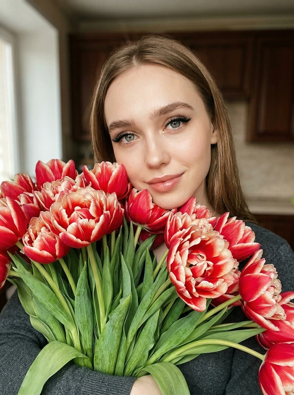 Создайте ИИ-селфи с огромным букетом цветов по фото