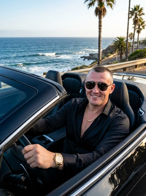 Фотореалистичная luxury lifestyle fashion-фотография на побережье в эстетике дорогой мужской рекламной кампании. Мужчина сидит за рулём современного премиального кабриолета с открытой крышей, припаркованного у океанского побережья. Кадр снят с пассажирской стороны через открытый салон, камера расположена чуть ниже уровня глаз и близко к мужчине. Кадрирование по грудь.

Мужчина расслабленно откинулся в кожаное водительское сиденье, корпус слегка развёрнут к камере. Одна рука свободно лежит на руле, вторая расслабленно расположена у центральной консоли. Голова слегка повернута к объективу, взгляд направлен прямо в камеру. Выражение лица спокойное, уверенное и сдержанное.

На мужчине свободная чёрная рубашка из плотного шёлка с матово-сатиновым блеском, верхние пуговицы расстёгнуты. Рукава слегка закатаны, открывая запястья. На руке массивный золотой браслет с инкрустацией камнями и несколько крупных золотых мужских колец. Металл и камни ловят точечные солнечные блики, аксессуары выглядят дорогими и реалистичными, без чрезмерного блеска.

Салон автомобиля выполнен из тёмной премиальной кожи с аккуратной прострочкой, металлическими деталями и минималистичной современной отделкой. Интерьер остаётся затемнённым и создаёт глубокий контраст с ярким морским пейзажем за открытым автомобилем.

На заднем плане видны глубокий синий океан, светлый песчаный пляж и чистая линия горизонта. Морской пейзаж мягко уходит в естественную глубину резкости, оставаясь узнаваемым. Яркий дневной солнечный свет падает сбоку, подчёркивает скулы, линию лица, фактуру чёрной рубашки и золотые аксессуары.

Натуральная текстура кожи, отчётливо видимые поры и мелкий рельеф кожи, естественные солнечные блики, без пластиковой ретуши, без AI smoothing.

Снято на профессиональную полнокадровую камеру, 85mm, f/1.4, ISO 100, RAW. Shallow natural depth of field, rich blacks, warm skin tones, deep ocean blues, subtle film grain, controlled highlights, premium luxury campaign color grading, high-end men's lifestyle editorial, ultra realistic, high detail, no CGI, no artificial glossy skin, no excessive HDR.

Очки: На нём тёмные солнцезащитные очки