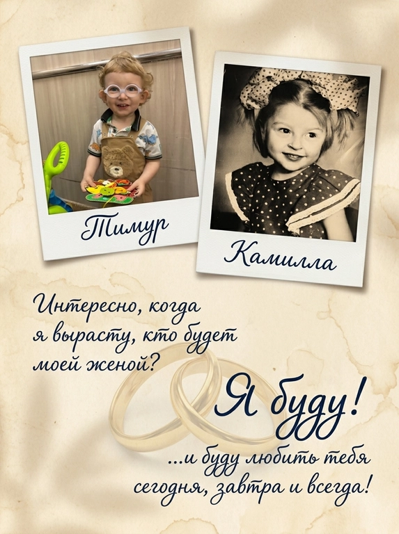 Используй два загруженных детских фото — мальчика и девочки — сохрани их без изменений. Создай холст-постер в романтичном винтажном стиле, формат 1:1. Фон холста — фактурная состаренная бумага тёплого кремово-бежевого оттенка с лёгкими разводами и мягкими тенями, как от естественного света. В верхней части холста размещены две детские фотографии, оформленные как карточки в стиле polaroid с белыми рамками и лёгкой тенью: слева чуть выше — фото мальчика, справа чуть ниже — фото девочки, карточки слегка повёрнуты под небольшим углом для живого эффекта. Под каждым фото от руки красивым каллиграфическим почерком подписано имя: под мальчиком «», под девочкой «». В нижней части холста слева, под фото мальчика рукописный текст элегантным каллиграфическим почерком тёмно-синими чернилами: Интересно, когда я вырасту, кто будет моей женой?. Ниже справа под фото девочки крупной выразительной росписью ответ Я буду!, и еще ниже более мелким почерком «...и буду любить тебя сегодня, завтра и всегда!». На фоне текста полупрозрачное нарисованы два переплетённых обручальных кольца. Композиция тёплая, ностальгичная, с лёгкой игрой света и мягкими тенями на бумаге. Стиль: романтичный винтажный постер-холст, эстетика трогательной семейной памяти, высокая детализация фактуры бумаги, рукописного текста и фотокарточек.

Имена мальчика и девочки: Тимур и Камилла