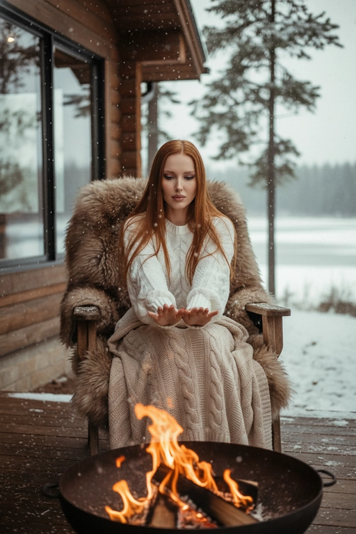 Создайте портрет в кинематографическом стиле с эффектом зерна, человек сидит на улице зимой на деревянном стуле, на стуле шкура меховая коричневая. Идёт легкий снег. человек в белом вязанном свитере и сверху накинут плед бежевый большой. 
На фоне деревянный дом с панорамным окном, озеро частично видно и высокие сосны. 
Перед человеком на переднем плане костровая чаша с огнем не в фокусе.
Греет руки над огнем.