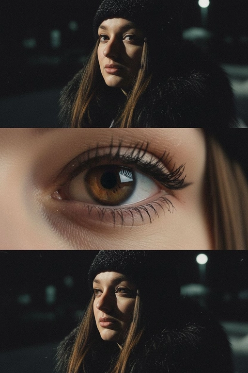 Создай коллаже из 3-х кадров на основе внешности человека на фото. Верхний кадр: человек смотрит в камеру с лёгким наклоном головы. Один глаз в свете, другой в тени — эффект таинственности. Чёрная одежда усиливает драму. Тёмный фон с мягким светом , подчёркивает лицо. 
Центральный кадр (глаз): крупный супер чёткий план её глаза - ресницы, радужка, отражения. Взгляд прямой и глубокий. Фон полностью чёрный. 
Нижний кадр: интенсивный уверенный взгляд человека влево, голова тоже повернута влево. Чёрная одежда, тёмный фон. Жесткий боковой свет, подчёркивающий контуры лица и создающий драматичные тени. Стиль: raw, винтажная плёночная зернистость, драматизм.